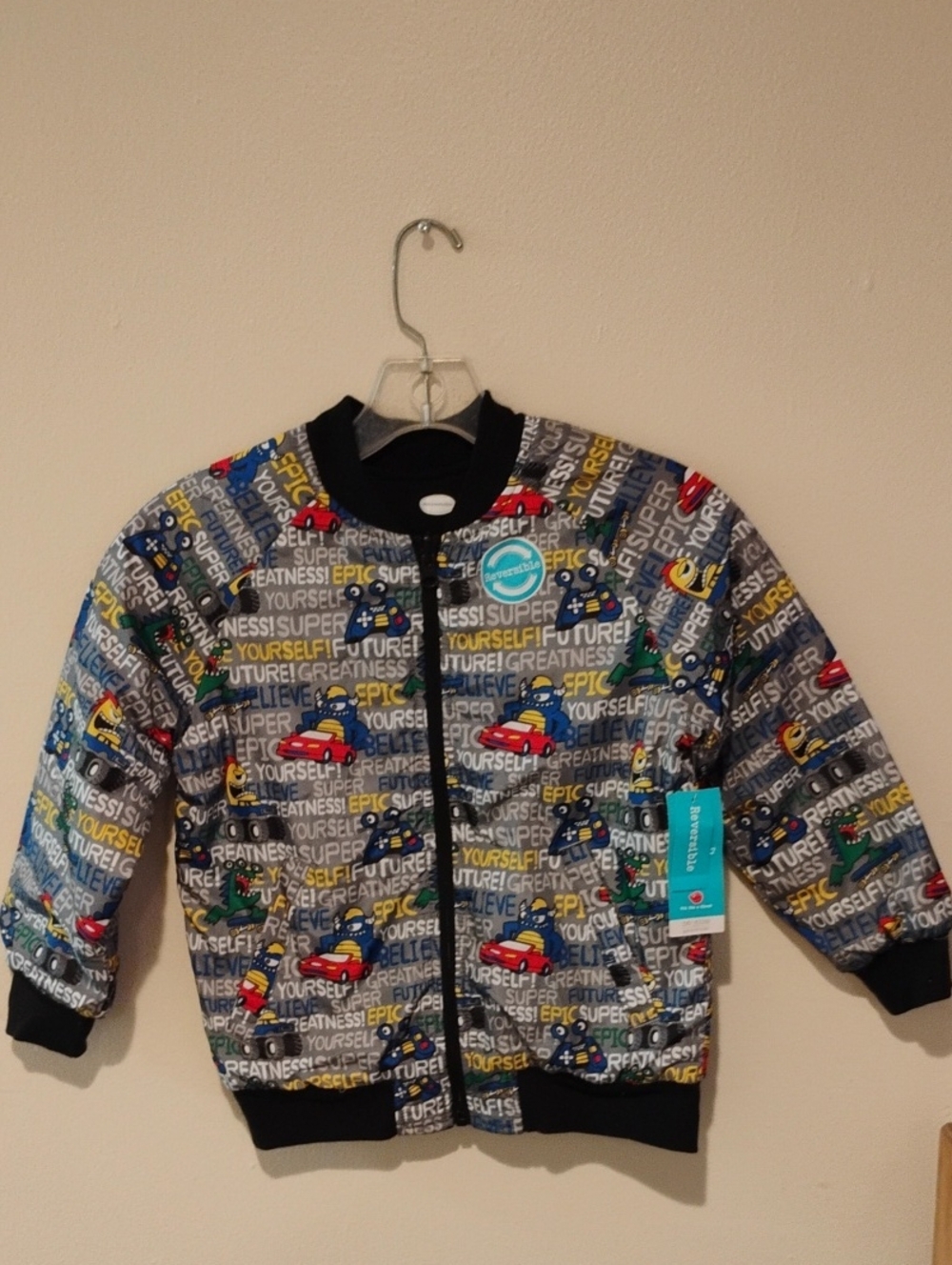 Kids Gray Printed Bomber Jacket with Race Car Motif